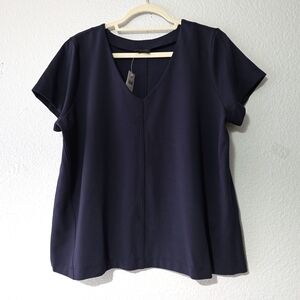 J Jill Wearever Collection V Neck Short Sleeve Blouse Women's Sz L Navy Blue
